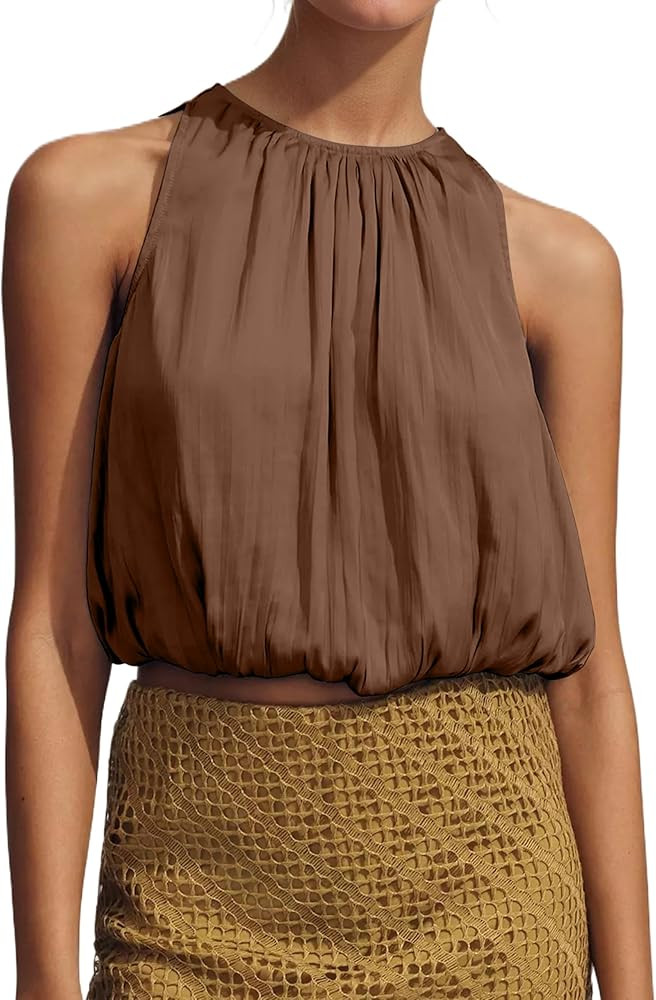 Ythomm Women’s Halter Crop Bubble Tops Summer Sleeveless Crewneck Puffy Hem Cropped Tank Tops F... | Amazon (US)