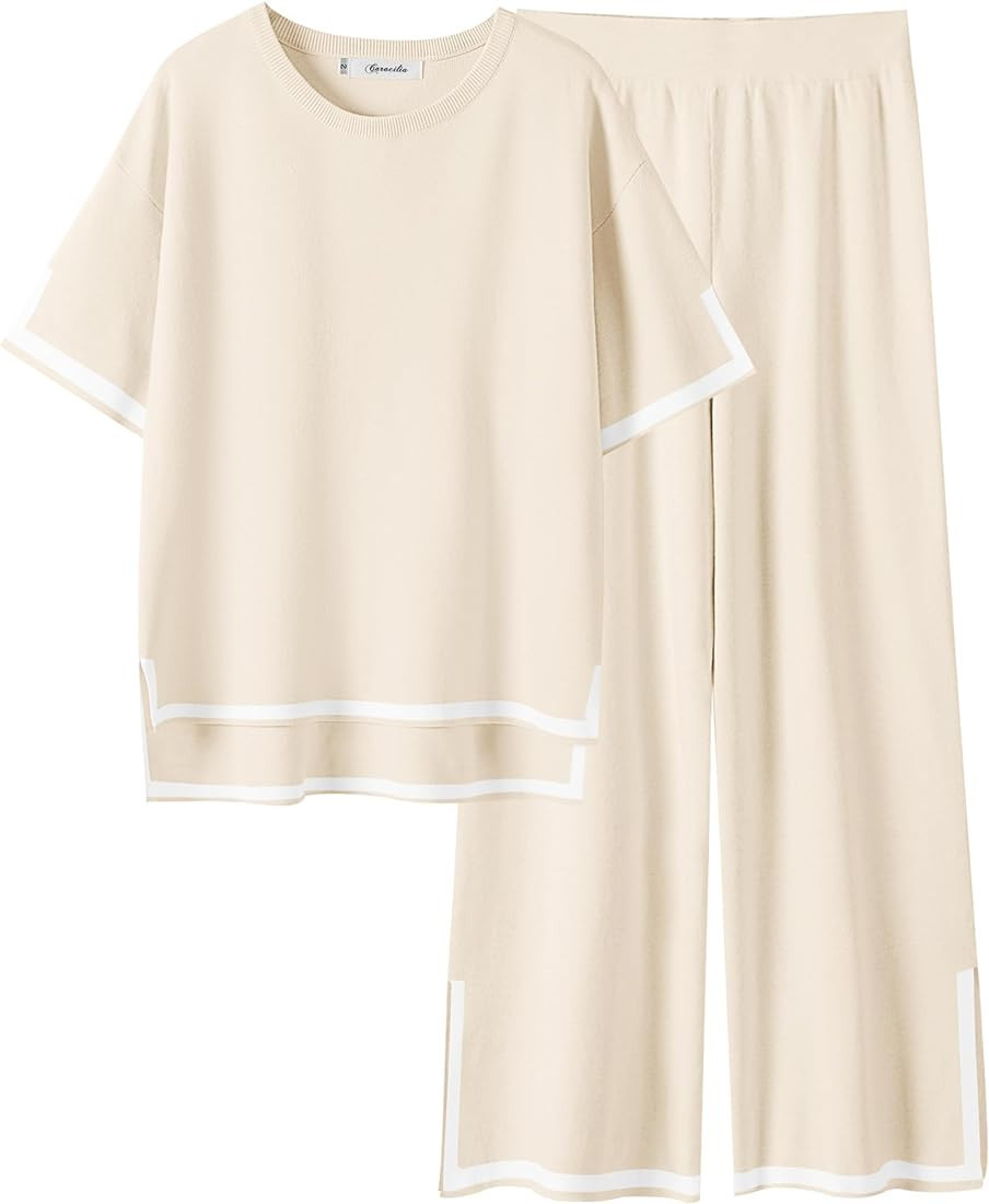 Caracilia Women 2 Piece Outfits Lounge Sets Knit Sweater Sets Maching Lounge Wear Pajama Jogger T... | Amazon (US)