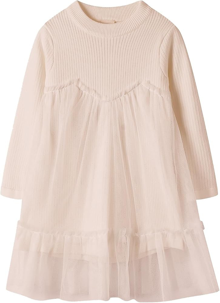 Mud Kingdom Girls Rib Knit Sweater Princess Dress with Tulle Long Sleeve | Amazon (US)
