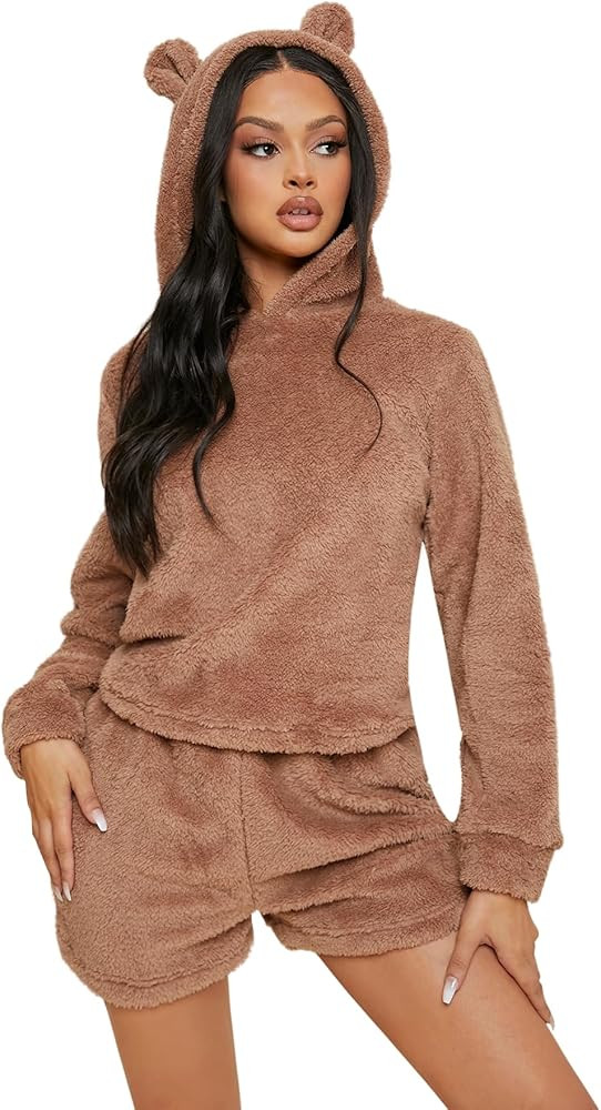 JMXITI Womens Plush Pajama Sets 2 Piece Outfits Long Sleeve Top and Shorts Hooded Pajamas Cozy Lo... | Amazon (US)