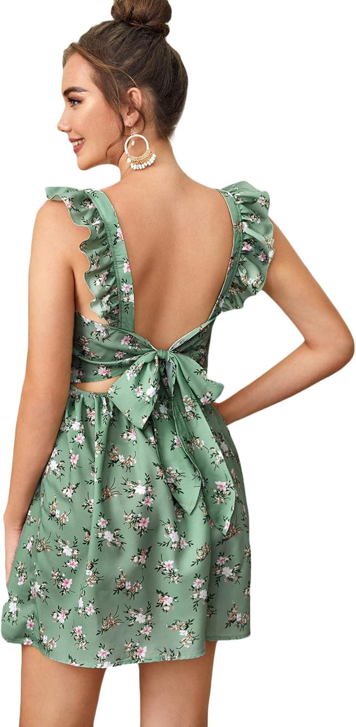 Romwe Women's Cute Tie Back Ruffle Strap A Line Fit and Flare Flowy Short Dress | Amazon (US)