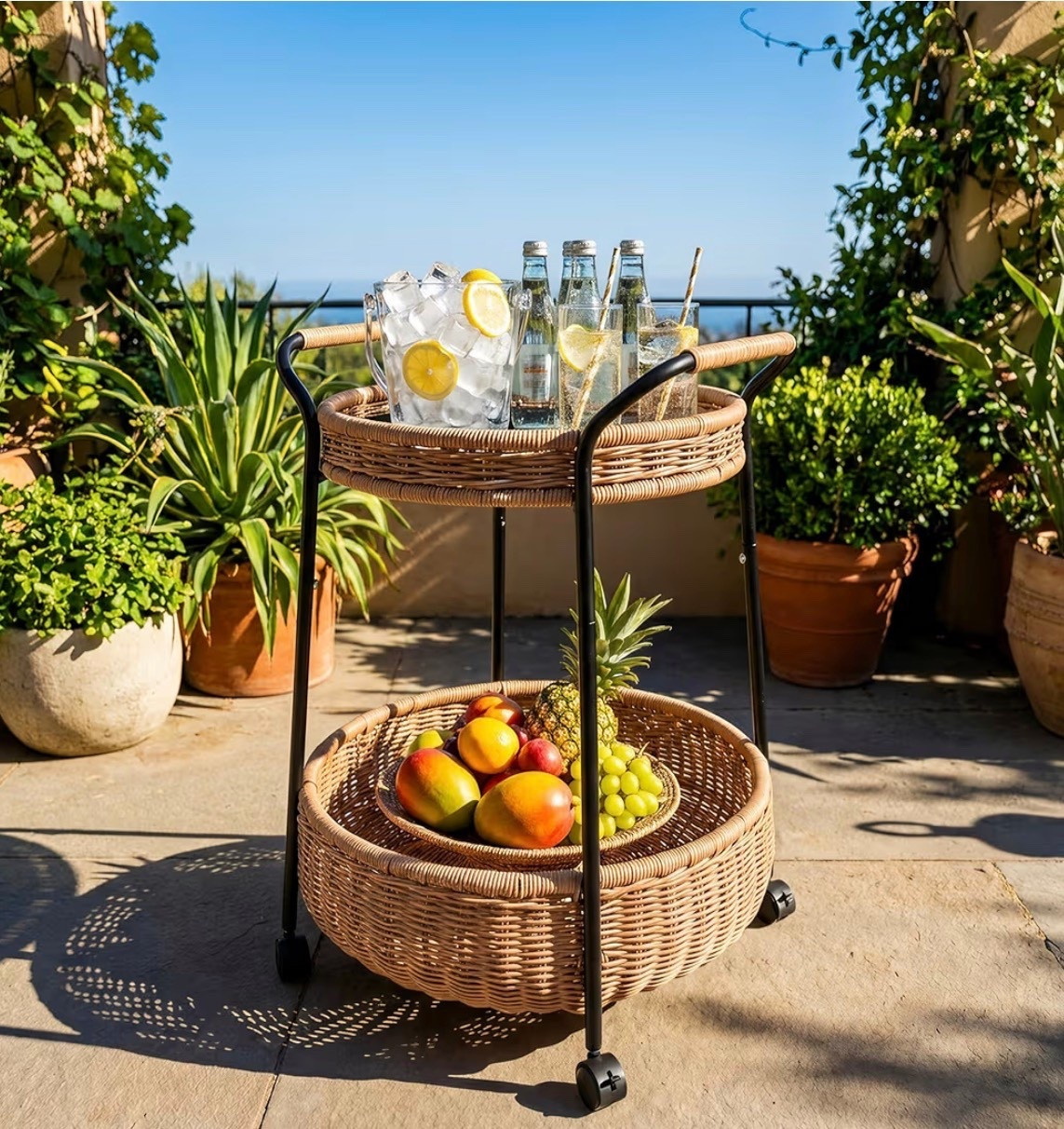 Outdoor Bar Cart, 2 Tier Rolling Patio Cart, Utility Rattan Storage Cart with 4 Wheels, Metal Frame and Table Top, for Garden Swimming Pool Living Room Club, Round

#LTKSaleAlert #LTKSeasonal #LTKHome