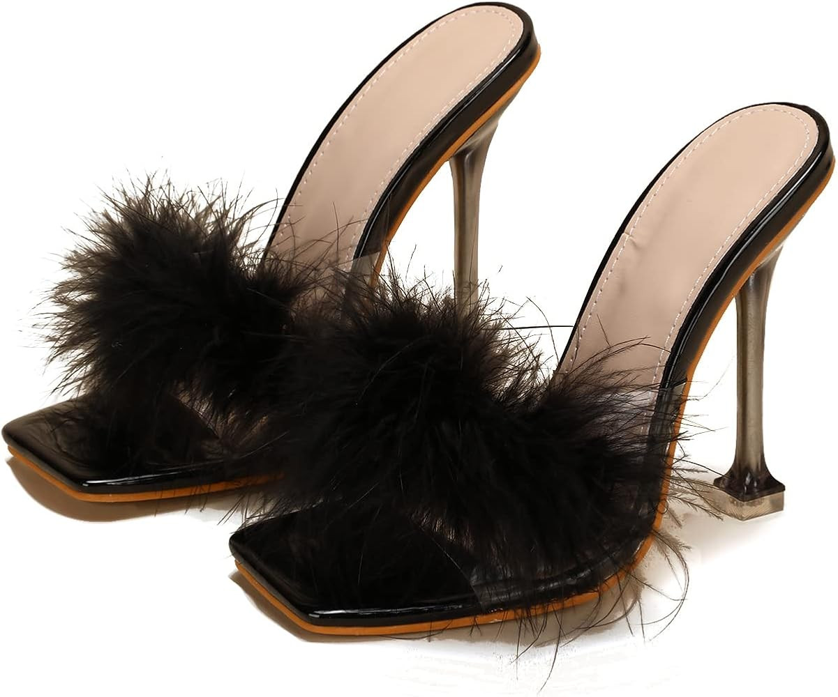 Women White Feather Clear PVC Slippers Square Toe Stilettos Slides Transparent Crystal High Heels... | Amazon (US)