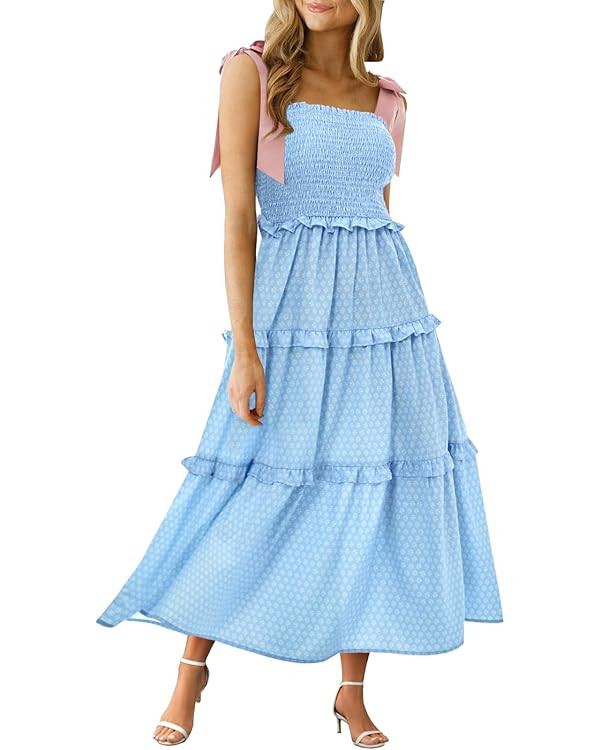 Wenrine Womens Summer Floral Maxi Dress Smocked Tie Shoulder Boho Sleeveless Ruffle Tiered Casual... | Amazon (US)