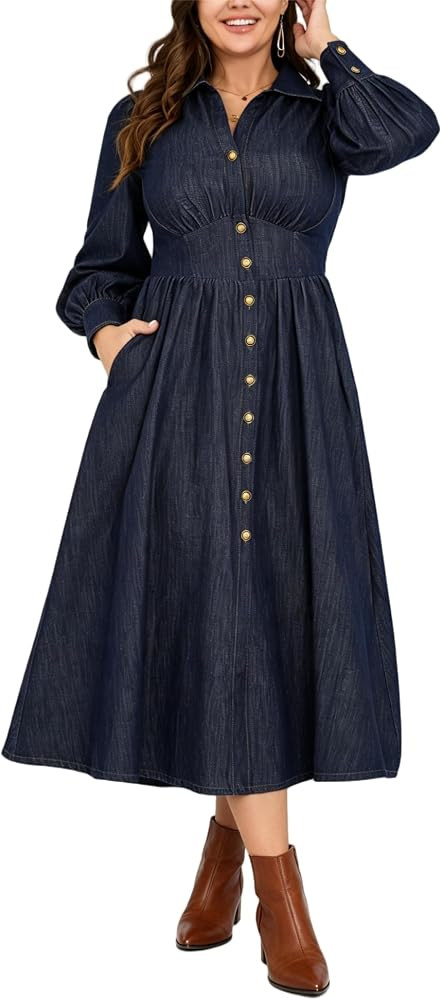 Plus Size Denim Dress for Women Button Down Shirt Dress with Pockets | Amazon (US)