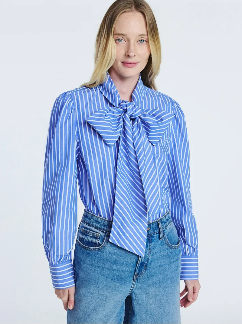 Free Assembly Women's Cotton Tie Neck Blouse with Long Puff Sleeves, Sizes XS-XXL | Walmart (US)