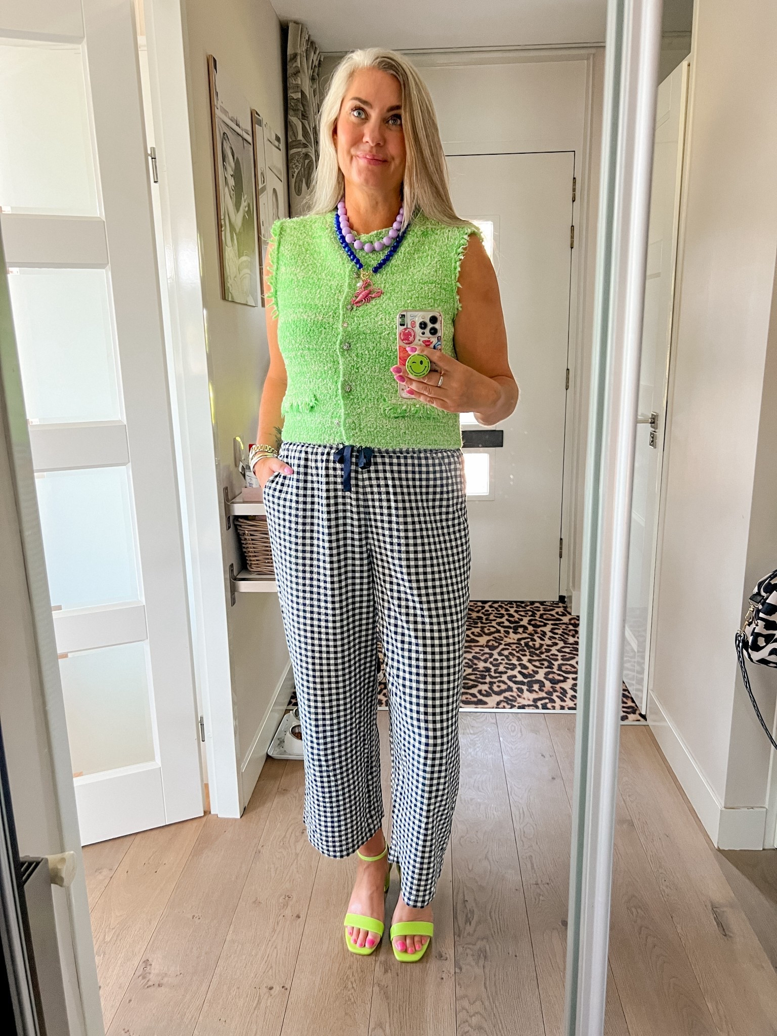 Ootd - Saturday. Gingham lounge pants (L) paired with a lime green bouclé vest, statement necklaces and neon heeled sandals (old LTS). 



#LTKmidsize #LTKsummer #LTKeurope