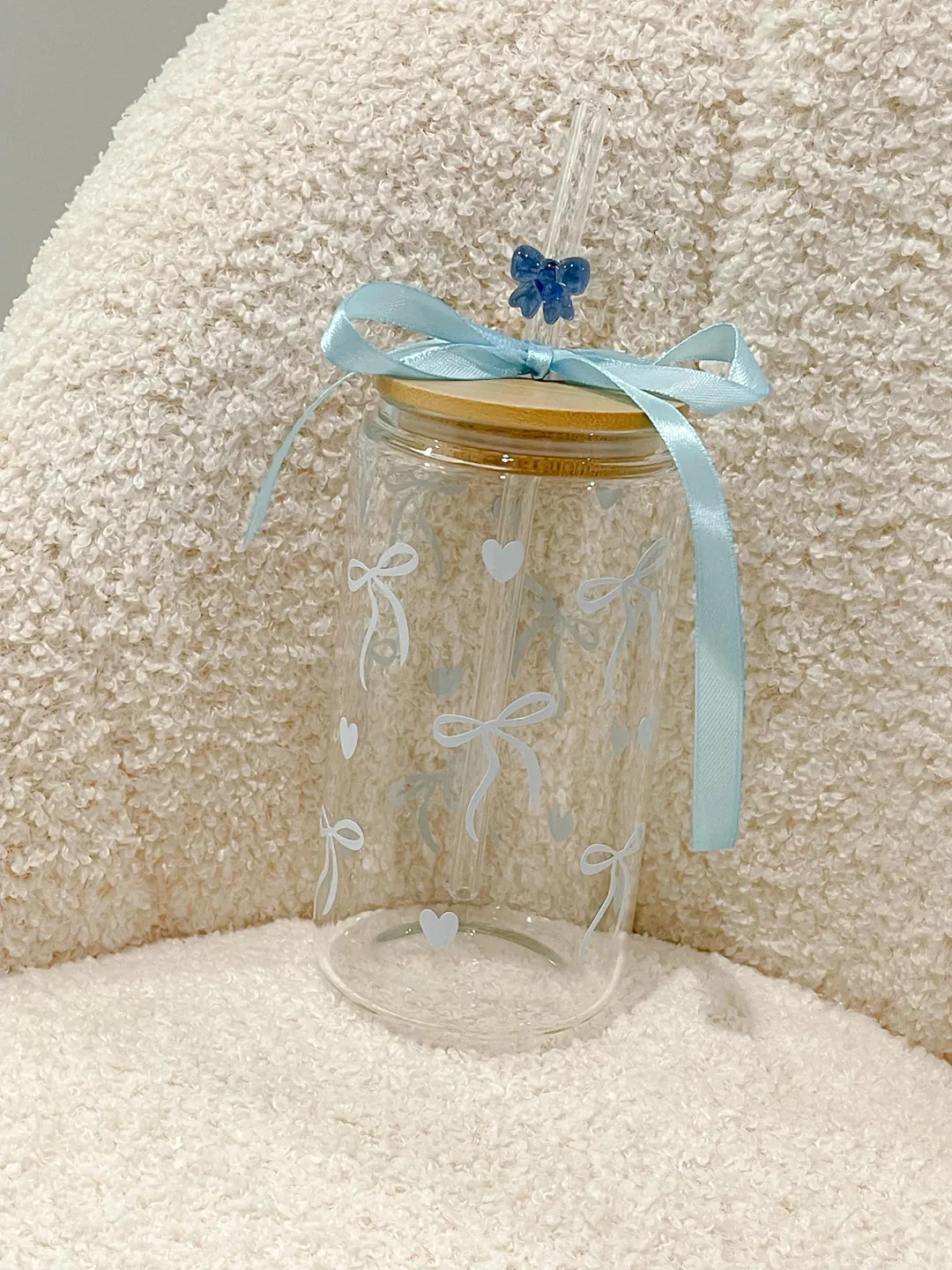 Coquette Bow Iced Coffee Glass Cup, Blue Bow Cup, Coquette Bow Glass Straws, Gift for Her, Gift f... | Etsy (US)
