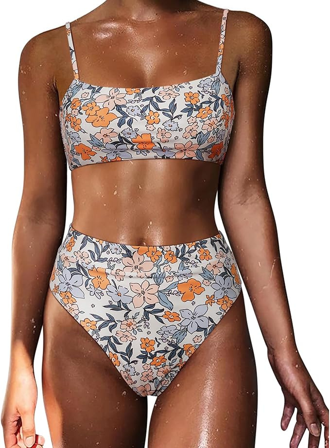 MOSHENGQI Women High Wasited Bikini Shoulder Strap 2 Piece High Cut String Swimsuits | Amazon (US)