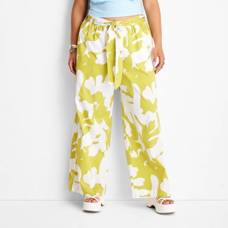 Women's Wide Leg Relaxed Floral Pants - Future Collective™ with Alani Noelle White/Olive | Target