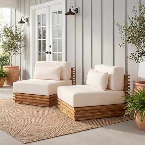Christopher Knight Home Piper Set of 2 Outdoor Club Chairs with Thick Cushions, Acacia Wood Lounge Chair Outdoor, Patio Low Profile Accent Chairs, Comfy Reading Chairs for Garden, Beige+Natural | Amazon (US)