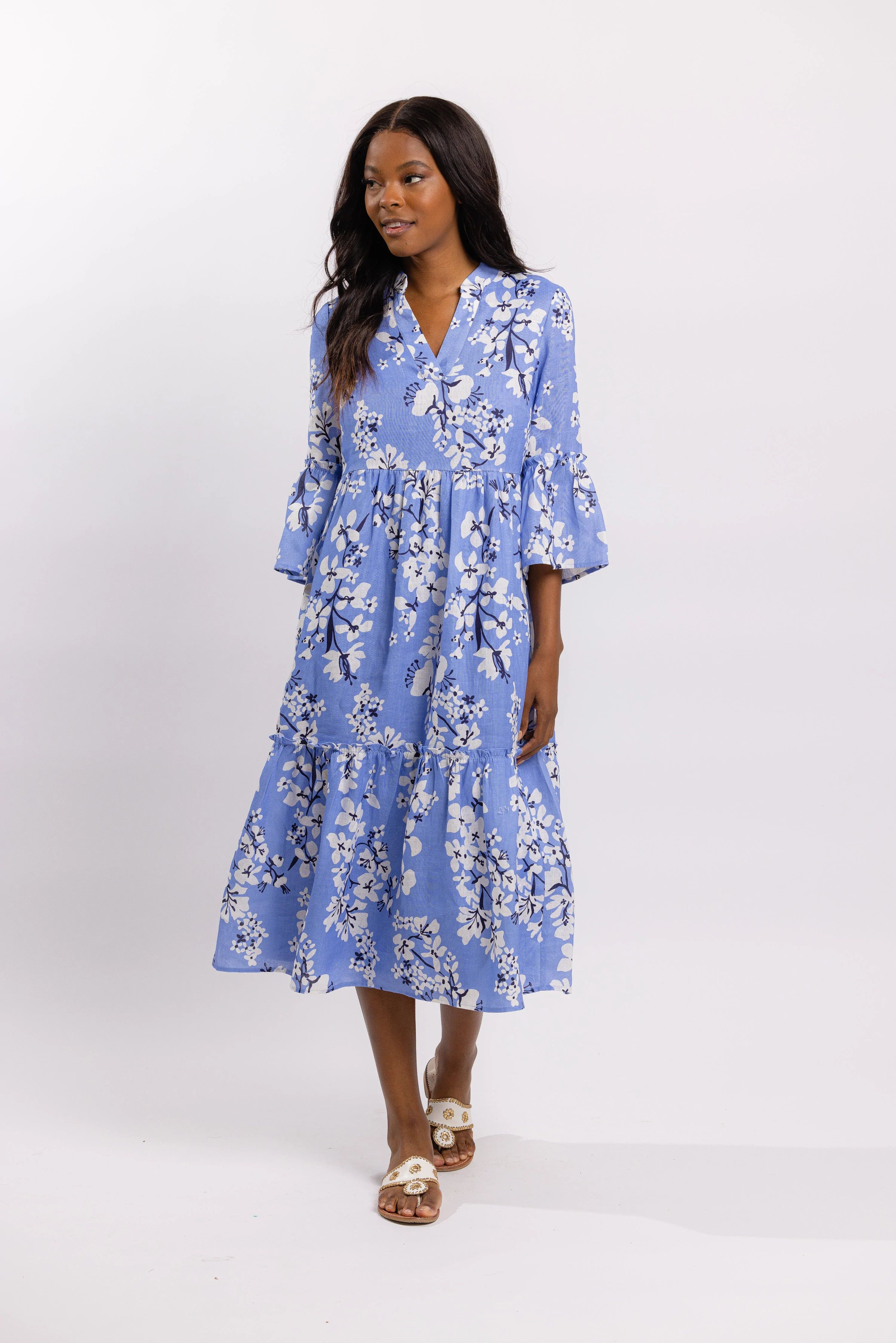 Printed Linen Bell Sleeve V-Neck Midi Dress | Sail to Sable