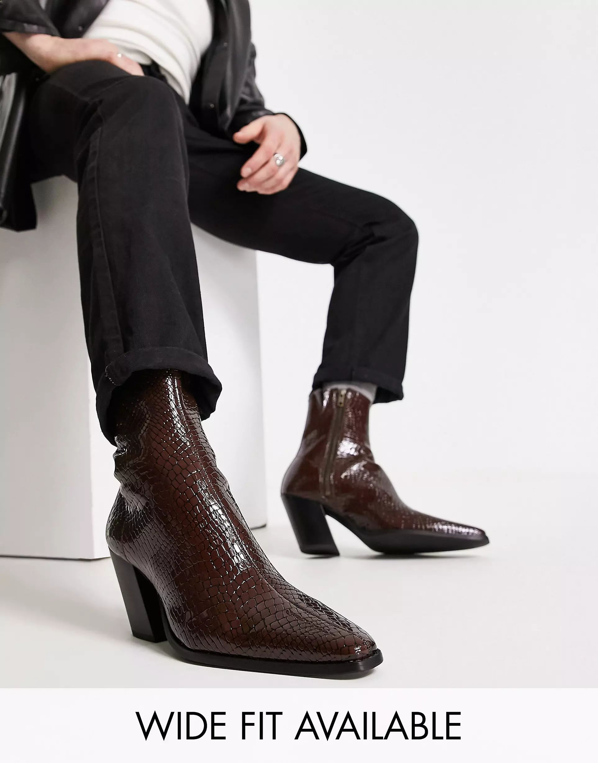 ASOS DESIGN heeled chelsea boot in patent brown faux croc | ASOS (Global)