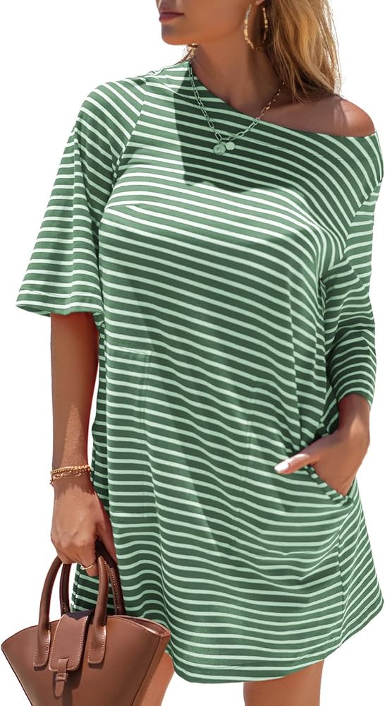 EXLURA Women's Summer T Shirt Dress Casual Short Sleeve Loose Striped Mini Dresses 2025 Vacation ... | Amazon (US)