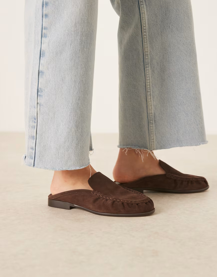 ASOS DESIGN Mellow premium loafer mules in chocolate suede-Brown | ASOS (Global)
