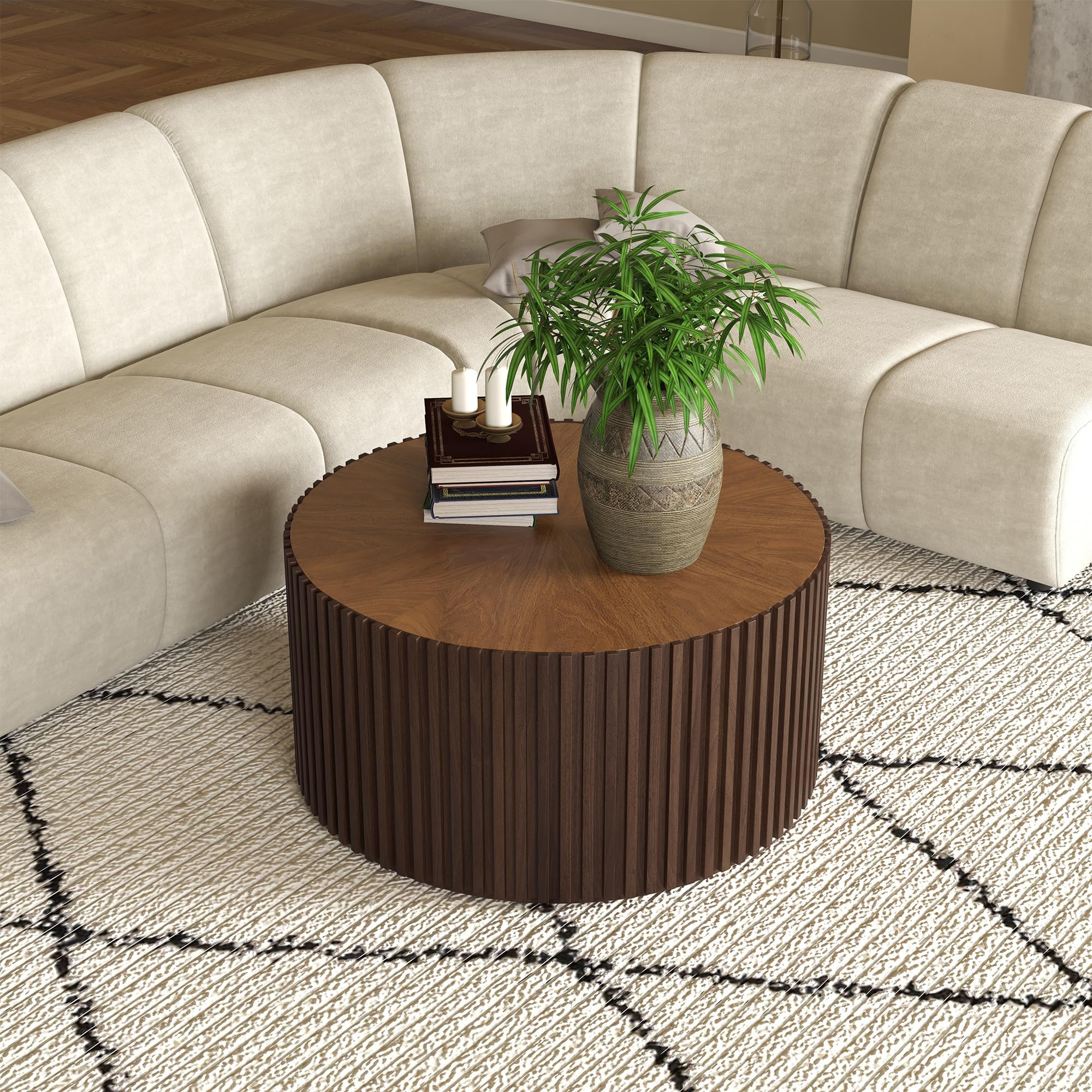 POVISON Round Coffee Table,Mid Century Modern Fluted Coffee Table for Living Room Bedroom Office,... | Amazon (US)