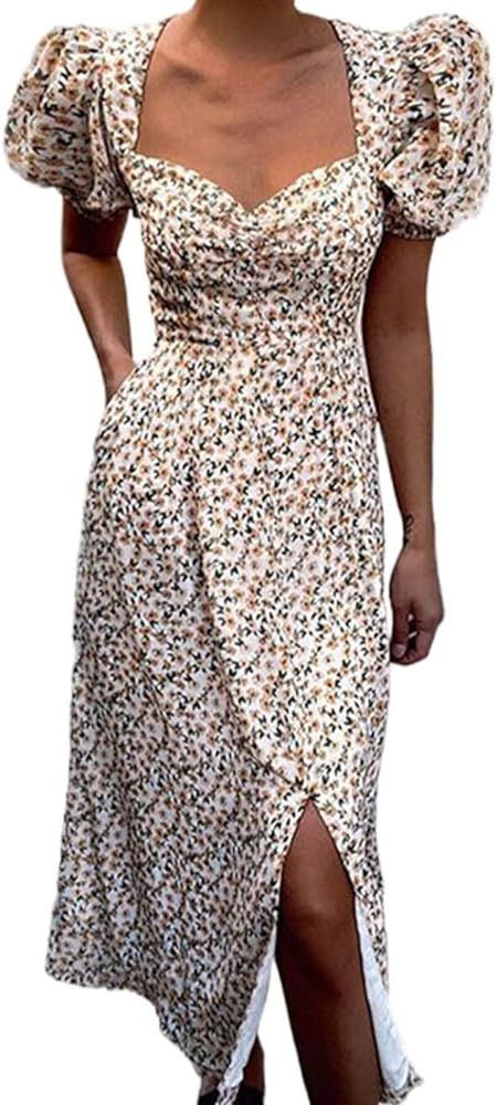 Edary Women’s Boho Floral Print Dress Sweetheart Neck Puff Sleeve Midi Dresses Split Long Dress... | Amazon (US)