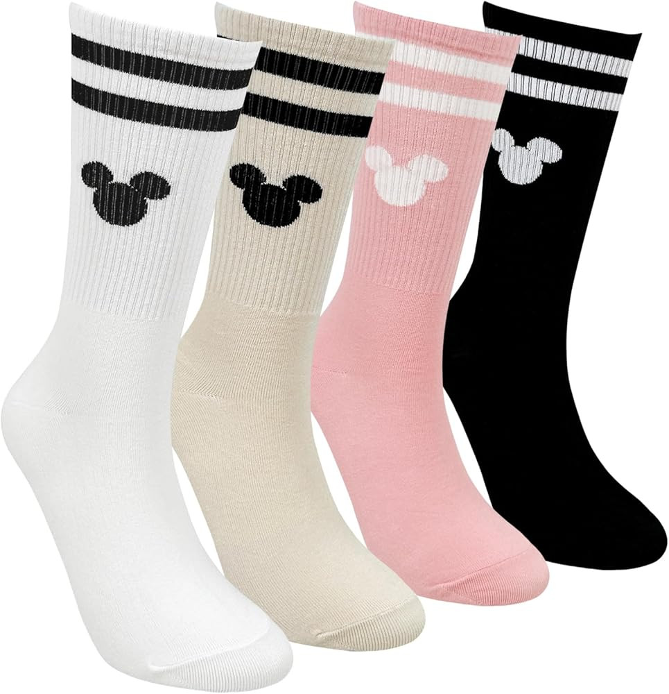 Mickey Mouse Crew Socks, 4 Pairs, Striped Design, White Black Pink Beige collection | Amazon (US)