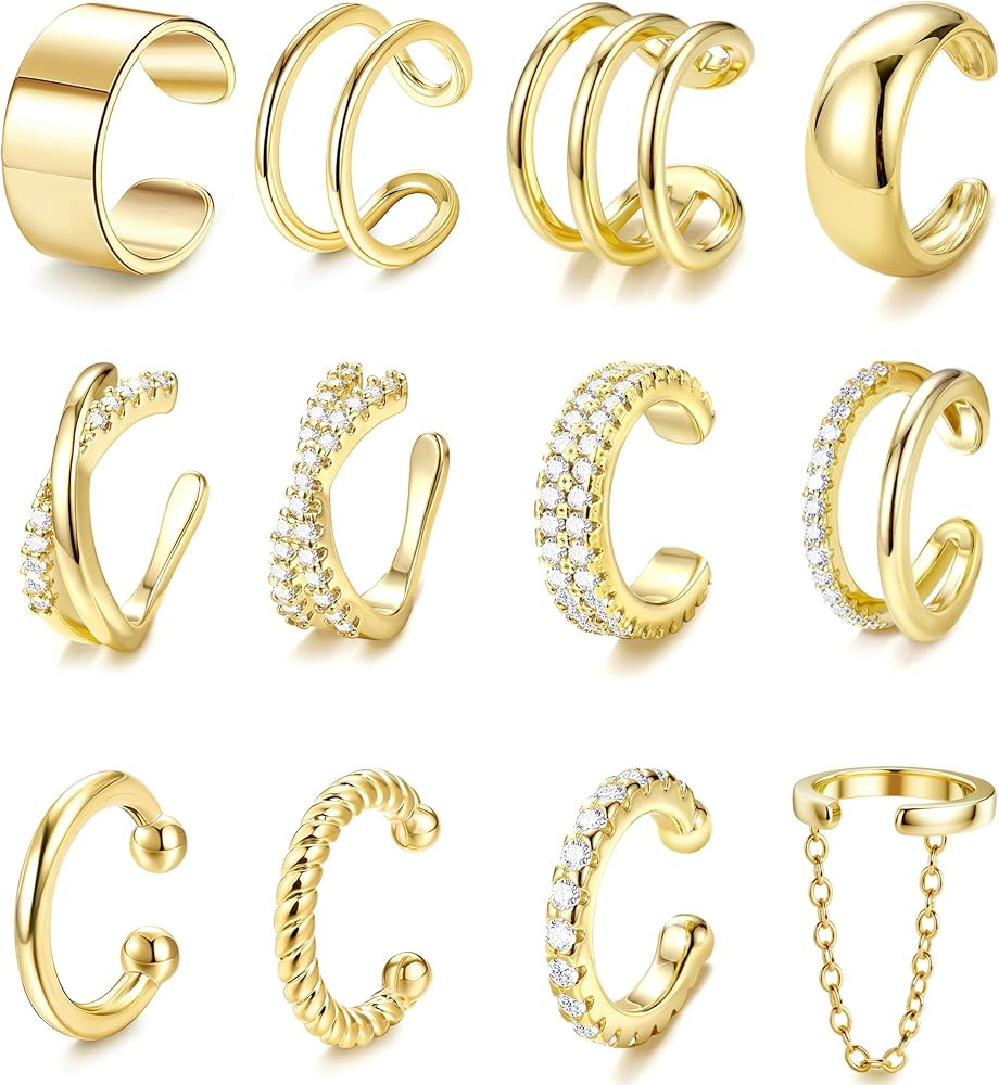 LOLIAS 12Pcs Ear Cuffs Non Piercing - 14K Gold Plated Ear Cuff Earrings for Women Adjustable Earr... | Amazon (US)