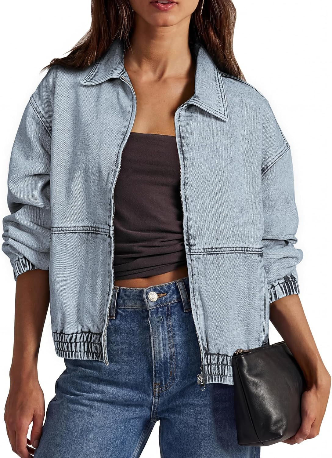 Glamaker Womens Oversized Denim Jacket Trendy Casual Zip Up Long Sleeve Loose Fit Jean Jackets Outfits Outerwear | Amazon (US)