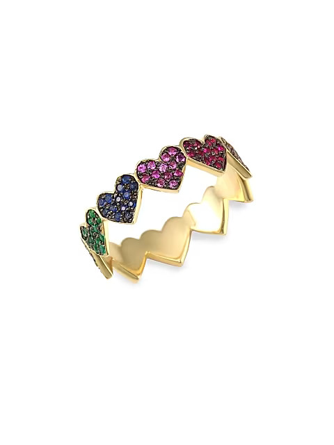 Rainbow Heart Eternity Multi-Color Sapphires & 14K Yellow Gold Ring | Saks Fifth Avenue
