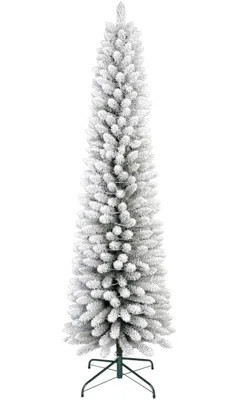 Snow Flocked Pencil Christmas Tree With 250 Warm White LED Lights- 329 Tips Slim Artificial Holiday Tree With Metal Stand | Space-Saving Xmas Decor Fo | Wayfair North America