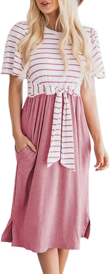 MEROKEETY Women's Summer Striped Ruffle Sleeves Tie Waist Pockets Casual Swing Midi Dress | Amazon (US)