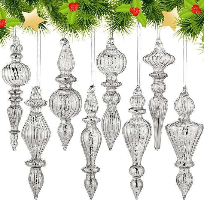 Mifoci 8 Pcs 6 Inch Mercury Glass Finial Christmas Ornaments, Silver | Amazon (US)