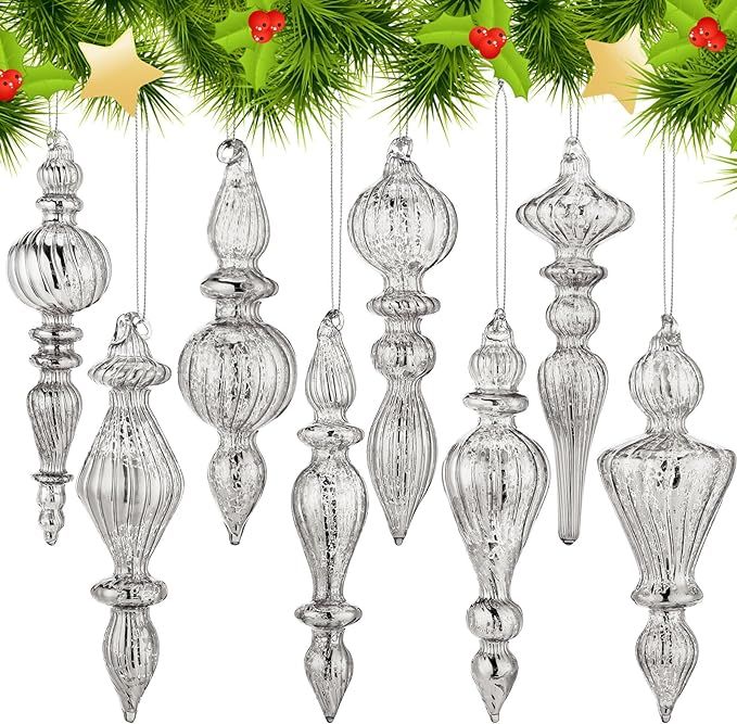 Mifoci 8 Pcs 6 Inch Mercury Glass Finial Christmas Ornaments Hanging Christmas Finials Glass Orna... | Amazon (US)