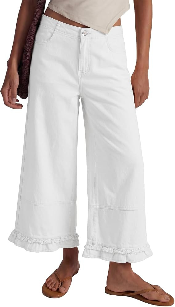 EVALESS Womens Wide Leg Jeans Ruffle Hem Denim Pants | Amazon (US)