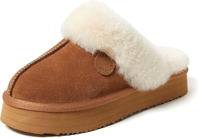 Dearfoams Women's Melton Shearling Fur Cozy Platform Scuff Slipper | Amazon (US)