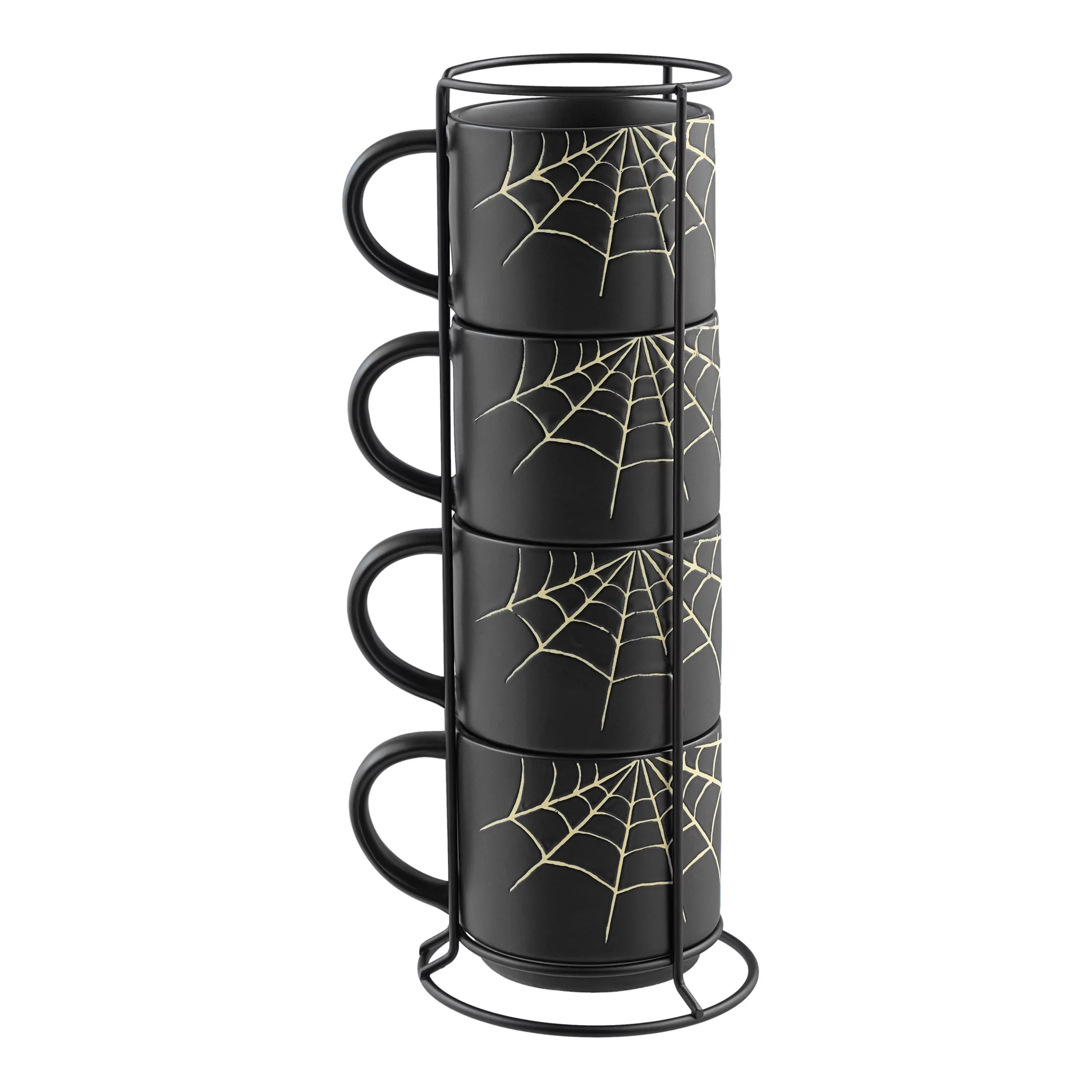 Way to Celebrate 4-Piece 12-Oz Black Spider Web Glazed Ceramic Stacking Mug Set with Metal Rack | Walmart (US)