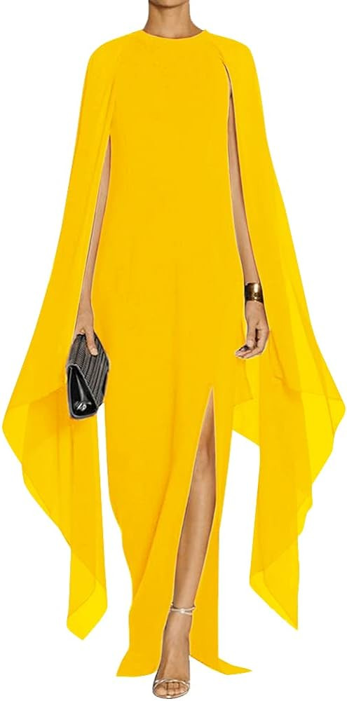 MAYFASEY Women's Elegant High Split Flare Sleeve Formal Evening Gowns Maxi Dress with Cape | Amazon (US)