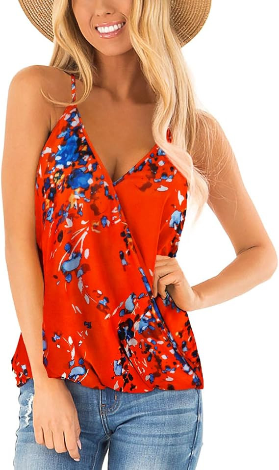Aokosor Womens Deep V Neck Wrap Spaghetti Strap Tank Tops Summer Sleeveless Shirts Blouses | Amazon (US)