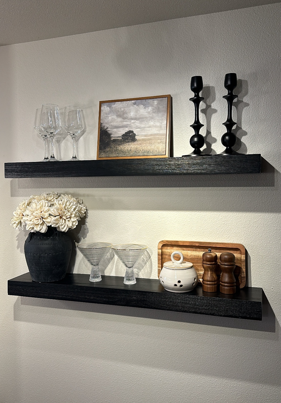 My kitchen shelves!🤍🤍 vintage vase, faux flowers, martini glasses, wooden tray, and candlesticks are all from TJ Maxx! Everything else is linked💗 

#LTKStyleTip #LTKHome