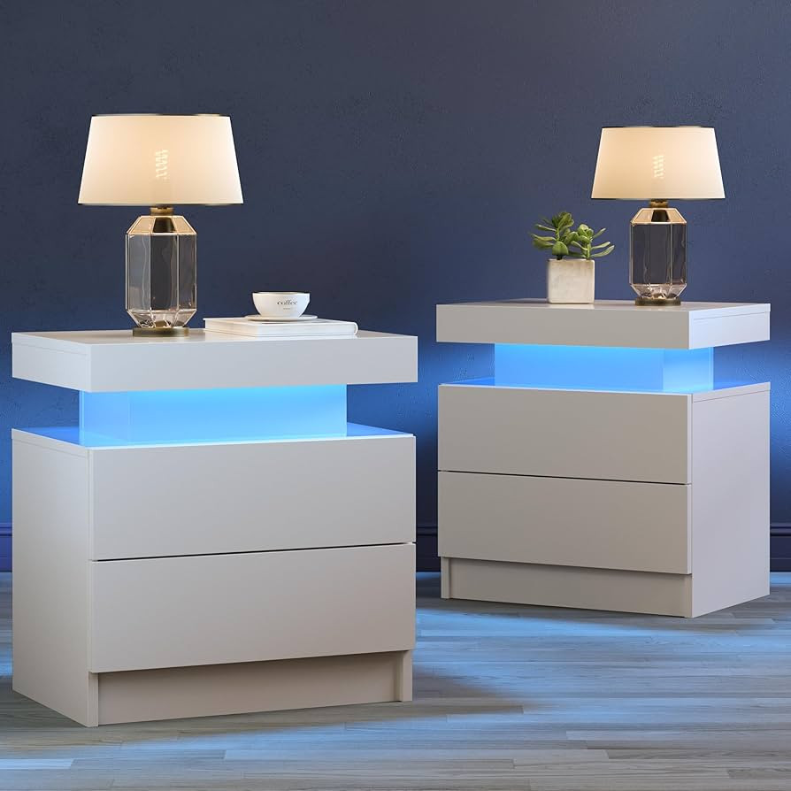 White Nightstand Set of 2 LED Night Stand for Bedroom White Modern LED Bedside Table with 2 Drawe... | Amazon (US)