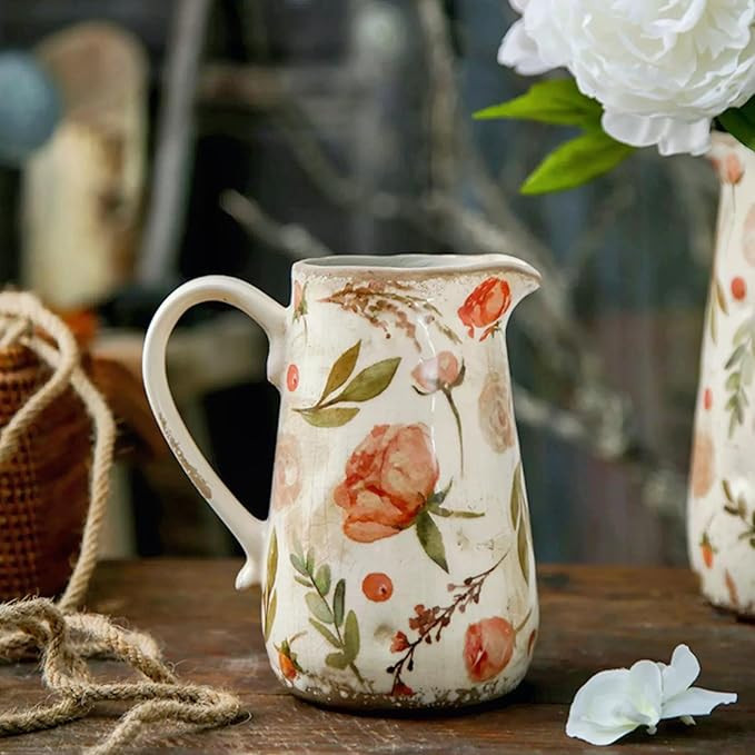 Vintage Fruit and Floral Ceramic Vase with Handle, Retro Ice Glazed Crack Farmhouse Pitcher Vase ... | Amazon (US)