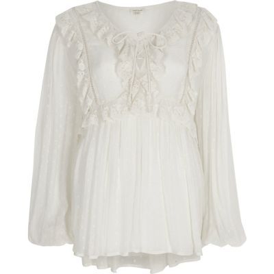 River Island Womens White dobby mesh lace frill top | River Island (UK & IE)