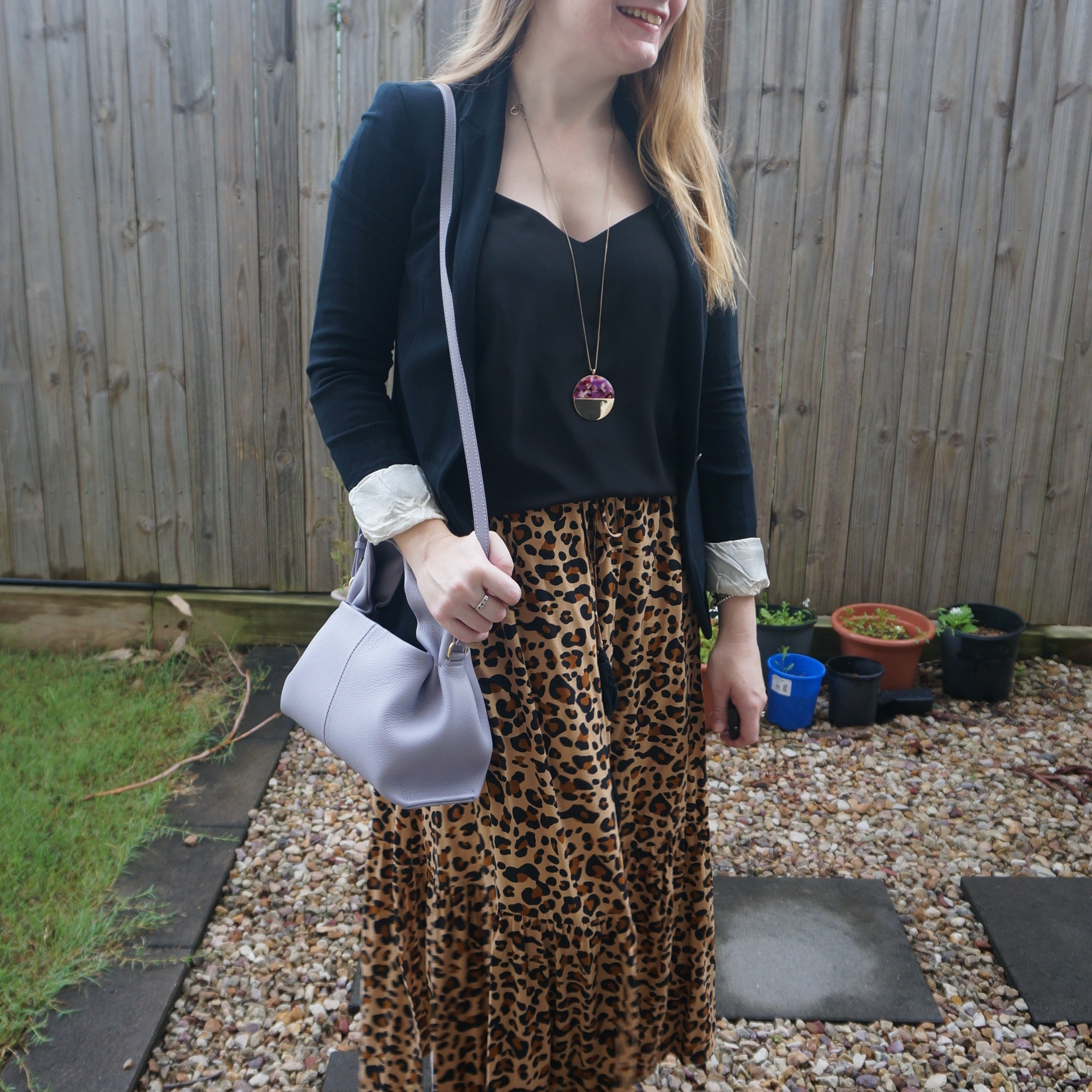Leopard print midi skirt with a black cami from my sister's wardrobe, and a blazer over the top for the office. Adding colour with my little lilac Polene Numero neuf mini bag again 💜

#LTKaustralia #LTKitbag #LTKworkwear