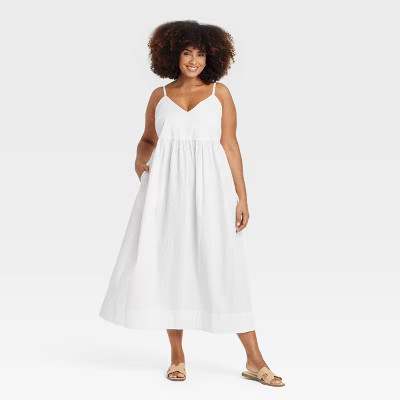 Women's Seersucker Maxi A-Line Dress - A New Day™ White 3X: Cotton Lining, Adjustable Straps, Seam Pocket | Target