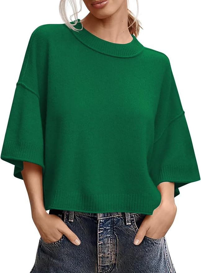 Women's Short Sleeve Cropped Sweaters 2025 Summer Oversized Loose Fit Drop Shoulder Casual Sweate... | Amazon (US)