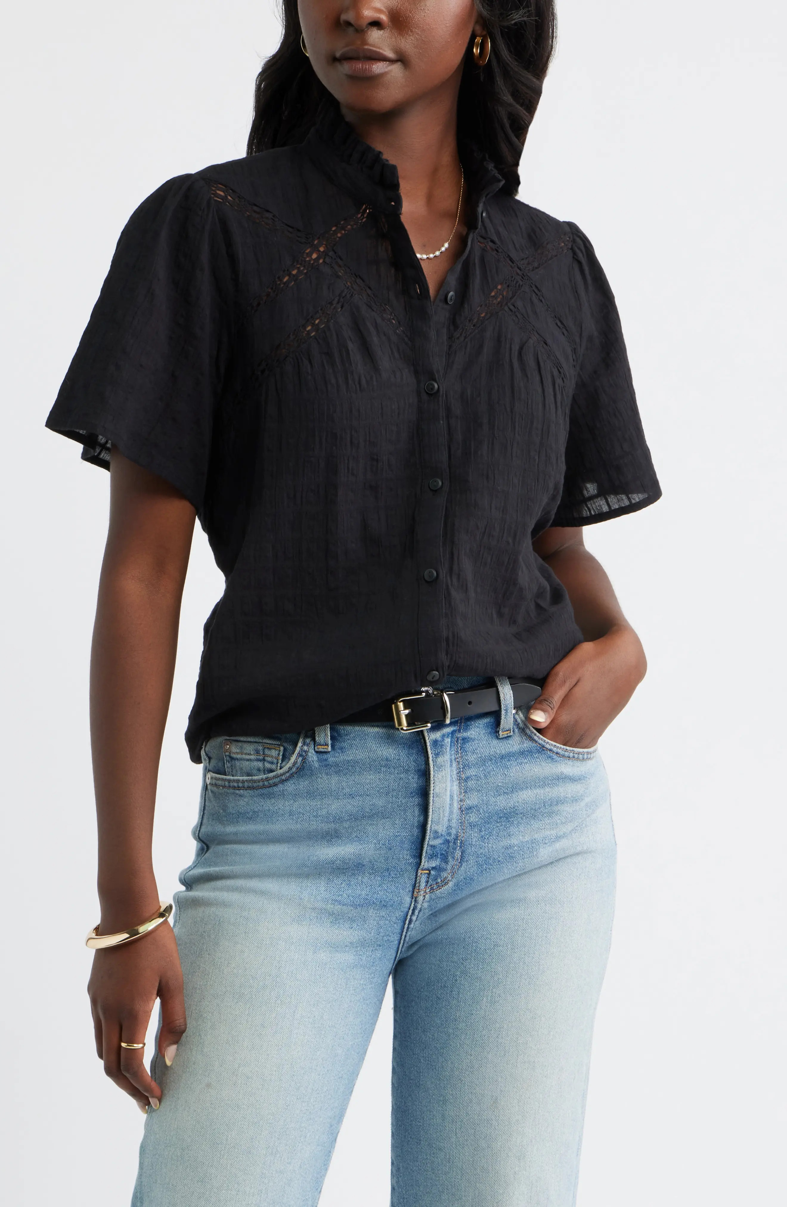 Caslon\u00ae Lace Trim Button Front Top (Women) | Nordstrom | Nordstrom