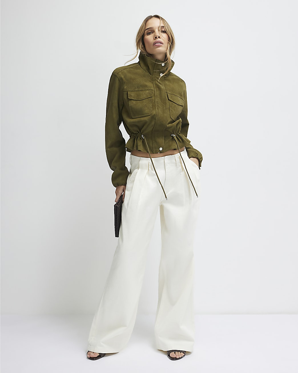 Khaki Funnel Neck Drawstring Jacket | River Island UK & IE