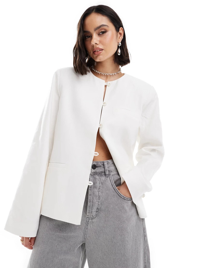 NA-KD linen collarless jacket in white-Neutral | ASOS (Global)
