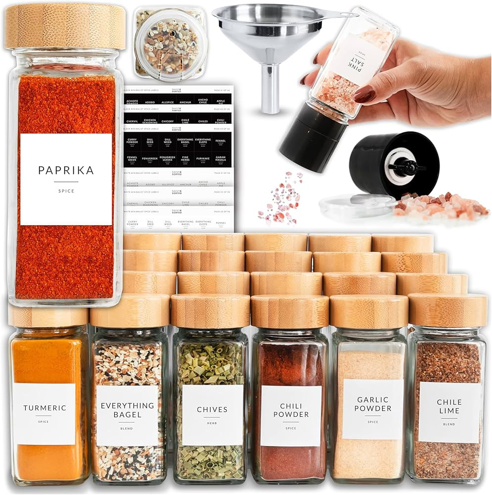 24 Glass Spice Jars with Label, Bamboo Spice Jar Set 4oz Seasoning Containers with Labels, Pepper... | Amazon (US)