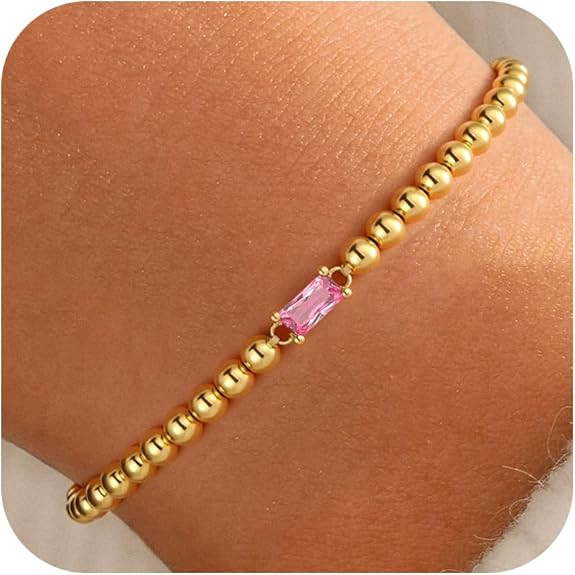 Dainty Birthstone Bracelet for Girls Women 14K-Gold-Plated Beaded Stretch Bracelets Trendy Friend... | Amazon (US)