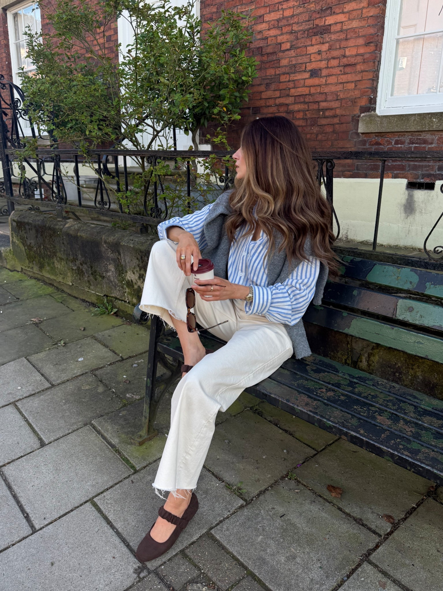 Casual everyday spring outfit 🩵 White jeans and blue stripe shirt, great cardigan and brown ballet pumps ✨ 

#LTKspring #LTKeurope #LTKuk