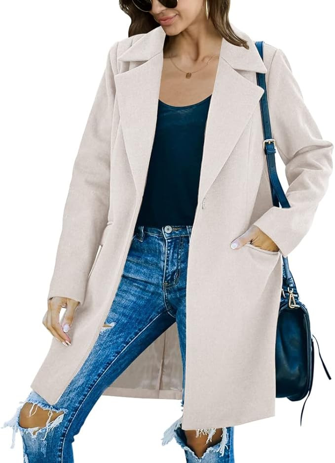 Womens Casual Long Sleeve Wool Blend Pea Coat Lapel Notched Collar Warm Midi Jacket Overcoat | Amazon (US)