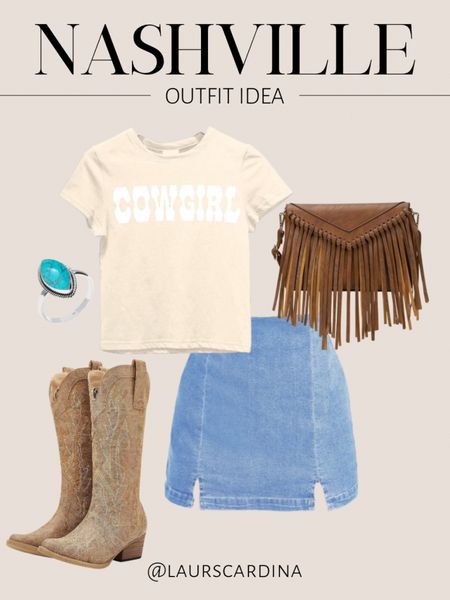 This Nashville outfit idea includes a “cowboy” cropped tee, denim mini skirt, brown cowboy boots, a turquoise ring, and a fringe crossbody bag. 

Ootd, country concert outfit, Nashville look, Amazon fashion 

#LTKfindsunder50 #LTKshoecrush #LTKstyletip