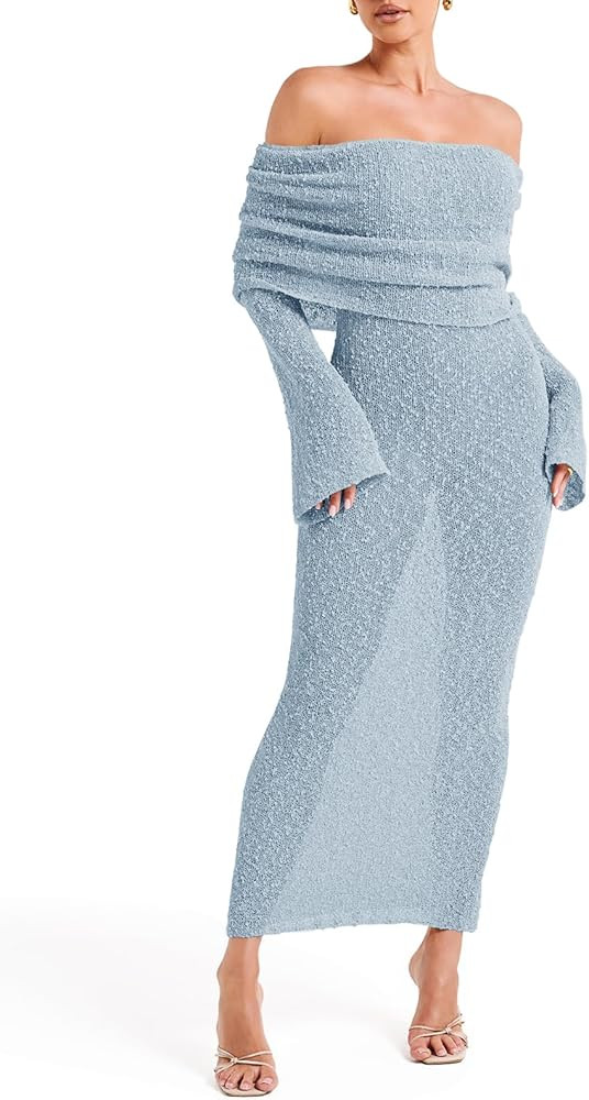 Saodimallsu Womens Off Shoulder Summer Maxi Dress Bell Long Sleeve Sexy Bodycon Strapless Sheer B... | Amazon (US)